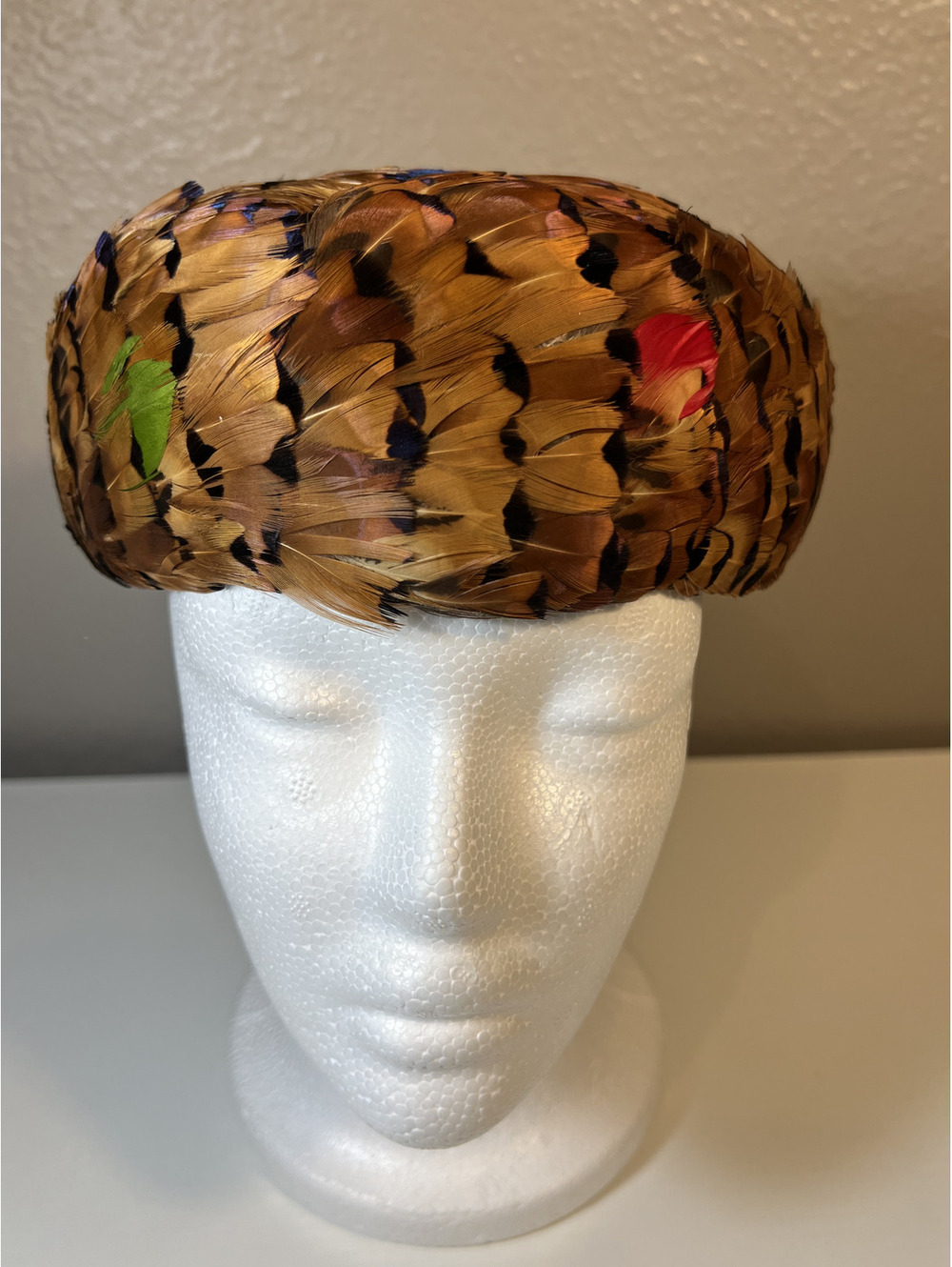 Vintage Renshoff’s Pheasant Feather Hat Pillbox Turban Colorful Union Made